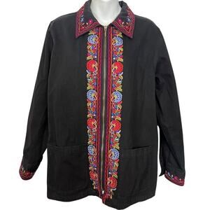 Blaine Trump Womens Colorful Embroidered Full Zip Black Jacket 100% Cotton sz S